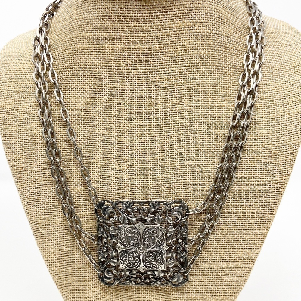 Vintage Silver Filigree Square Pendant Necklace